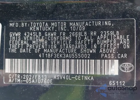 2010 Toyota Camry Le из США, поврежденный, VIN 4T1BF3EK3AU555002